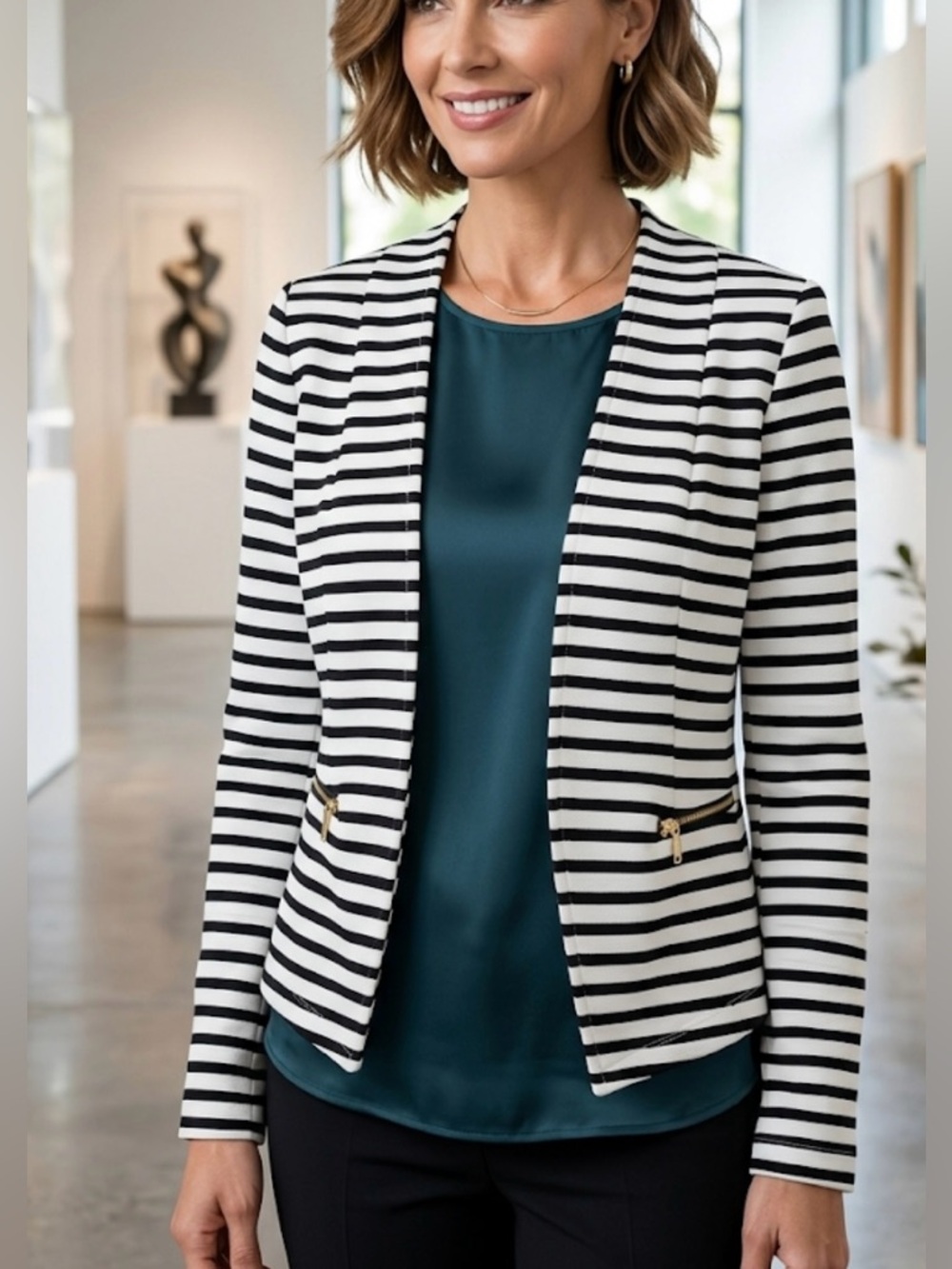 Kaii Black & White Striped Open-Front Blazer Size Medium